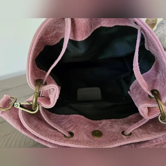 Vera Pelle Made In Italy Levi Strauss Jeans Boho Chic Bag With Pink Vegan Trim - Picture 11 of 11